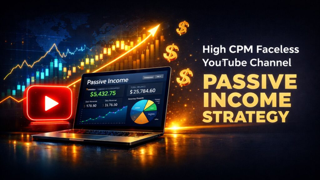 High CPM faceless YouTube channel concept showing passive income growth, analytics dashboard, and digital monetization strategy