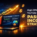 High CPM faceless YouTube channel concept showing passive income growth, analytics dashboard, and digital monetization strategy