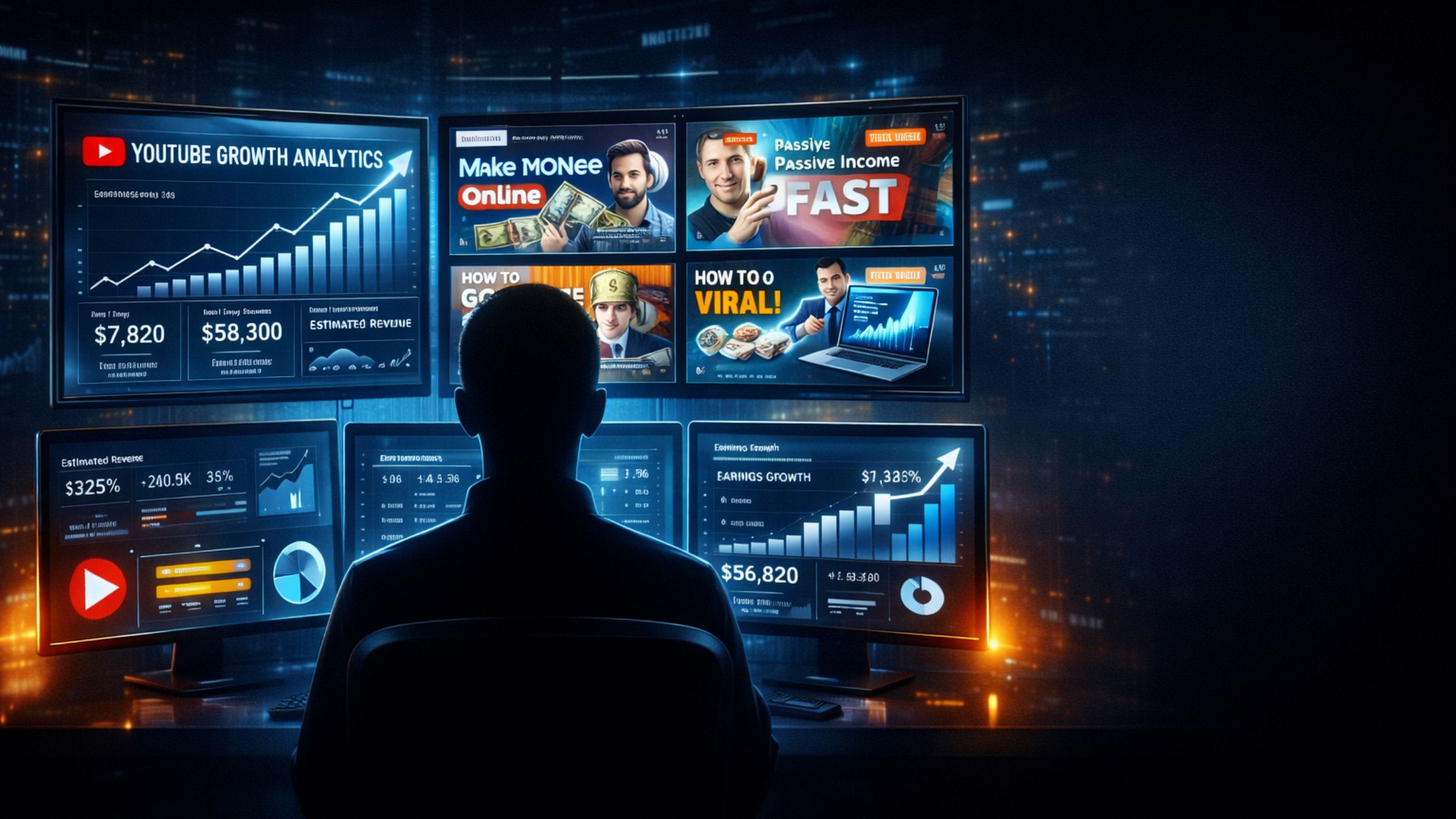 High CPM faceless YouTube channel concept showing passive income growth, analytics dashboard, and digital monetization strategy